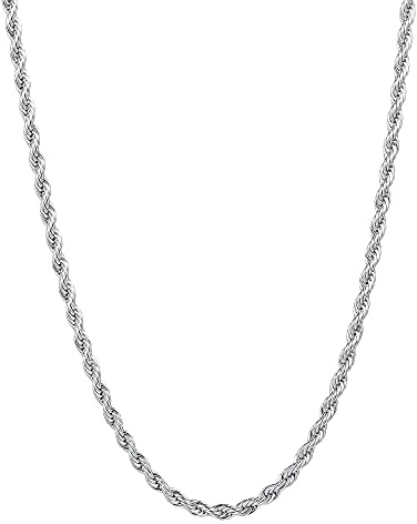 Fiusem Silver Tone Rope Chain Necklace for Men, 20 Inches, Stainless Steel