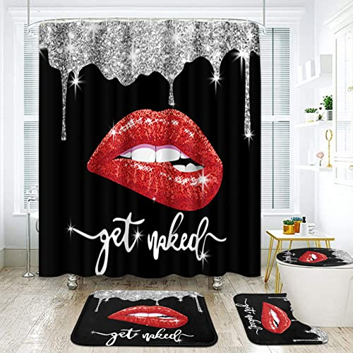 Arttown Schwarzes Badezimmer-Set mit Duschvorhang und Teppichen und Zubehör, Diamant-Duschvorhang-Sets, Lippen-Duschvorhänge für Badezimmer, schwarz-rot, Badezimmer-Dekor, 4 Stück