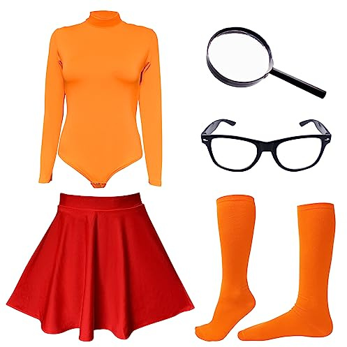 ATAMET Halloween-Kostüm für Damen, sexy Langarm-Trikot, Rollkragen-Top, Body, Skaterrock, Lupe, Socken