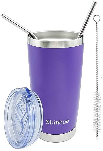 Shinhoo 20oz/ 550ml Tumbler with Straw and Lid, Double Wall Vacuum Insulated Thermal Coffee Flask Travel Mug Stainless Steel Reusable Cup for Hot Cold Drinks, BPA Free (Purple)