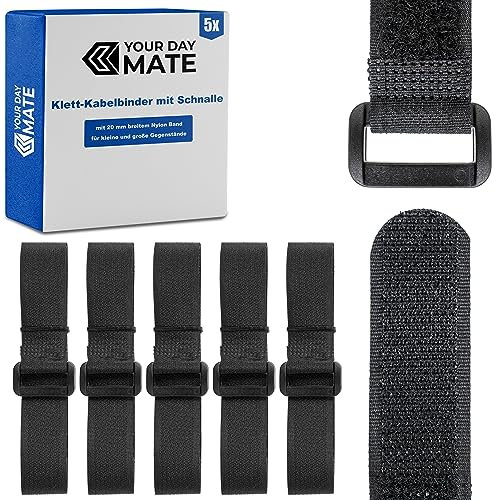 Klett-Kabelbinder mit Schnalle, 5 Stück, 100 cm Länge, in Schwarz, Kabelklett aus Nylon, Schnallenklettband, wiederverschließbare Kabelorganisation, Kabelbinder Klett Verschluss, Klemme Kabel Band