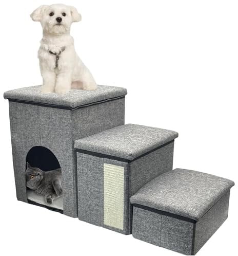 kathson Dog Stairs with Storage Box, 3 Steps Portable Foldable Dog Steps for High Bed, Couch, Window Sill, Pet Cat Steps for Puppy, Small Dogs, Older Cats (Grey)