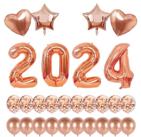 Silvester Deko, PAMIYO Luftballons 2024 Neujahr Silvesterdeko 2024 Folienballons XXL Ballons Happy New Year Deko Roségold Fünfzackigen Stern & Herz Folienballons 18inch Silvester Party Supplies 2024