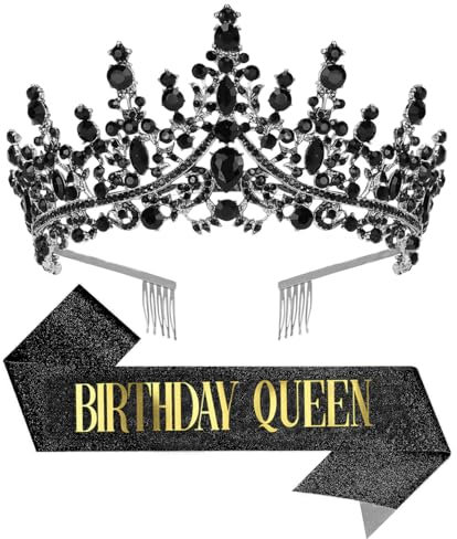 Papoopy Geburtstag Tiara Krone mit Schärpe für Frauen Stirnband Haarschmuck für Hochzeit Party Kostüm Schwarz