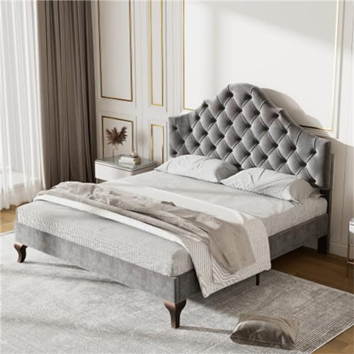Polsterbett mit Kopfteil in Kronenform 140 * 200cm Höhenverstellbares Kopfteil Mit Holzlattenrost für Jugendliche und Erwachsene Schlafzimmerbett Gästezimmerbett (grau)