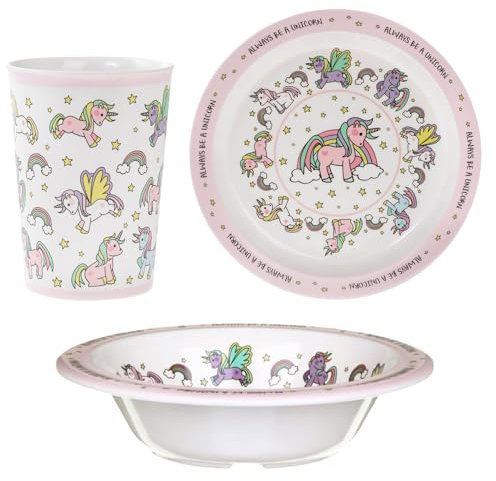 Children's Unicorn Design Melamine Tableware (3 Piece Set Plate, Bowl, Beaker)