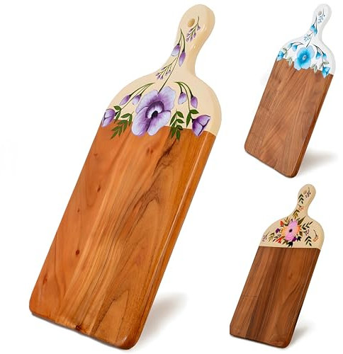 Acacia Wood Cutting Board for Kitchen – Large Wooden Decorative Hand Painted for Charcuterie Chopping Cheese bread and meat - With Handle (21 x 10 x 0.8 in) (Purple)