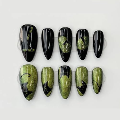 Handmade Press on Nails Short MouyouGlow, Almond Black Cat Design Y2K Gothic Cat Eye Magnetic Resuable Fake Nails with Self-Adhesive, Handmade Artificial Fingernails, 10 Pieces (#14-L)