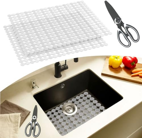 Alfombrilla para fregadero de cocina de acero inoxidable y cerámica, paquete de 2 alfombrillas protectoras para fregadero de cocina con tijeras, drenaje rápido, fácil de limpiar, corte de bricolaje