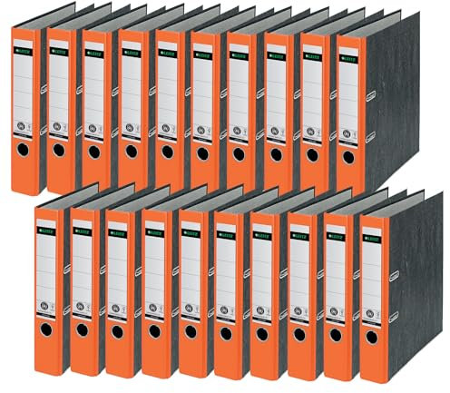Leitz Qualitäts-Ordner, 20er Pack, das Original, DIN A4 Aktenordner schmal, 5 cm breit, Wolkenmarmor-Papier, Recycling-Ordner,Blauer Engel, Mit 180° Mechanik, Höchste Stabilität, Orange, 10505045