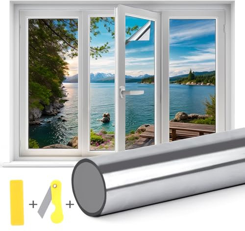 Spiegelfolie Fenster Sichtschutz - 44.5 × 200 cm UV-Schutz Sonnenschutzfolie Fenster innen, selbstklebend Fensterfolie ohne Rückstände Thermofolie mit Werkzeug