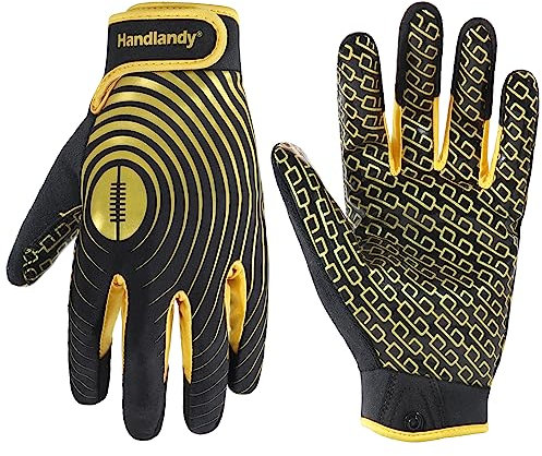 HANDLANDY American Football Handschuhe Herren, Sticky Wide Receiver Grip Handschuhe, Schwarz und Gold Stretch Fit Fußballhandschuhe Erwachsene, S