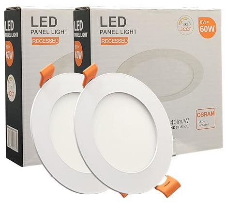 FactorLED Pack x2 Downlight LED Techo Empotrable Circular Slim 9cm 6W (60W), Panel Redondo Empotrado, Placa Extraplana, Luz Seleccionable 2700K-4000K-5700K (CCT) (2, Ø90mm)