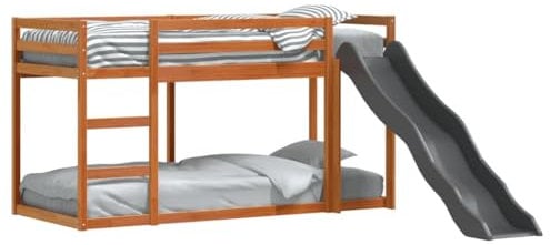 vidaXL Wax Brown Wooden Bunk Bed with Slide and Ladder - Pine Wood - Bedroom Furniture - 195.5x82.5x113 cm