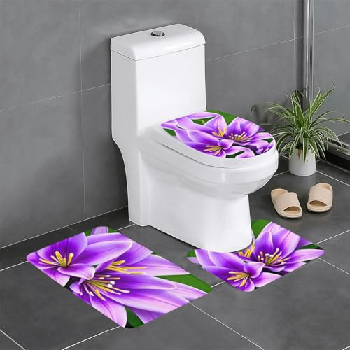 BROLEO Lot de 3 tapis de sol de salle de bain absorbant l'eau, séchage rapide, antidérapant, durable, facile à nettoyer, motif fleurs de lys violettes