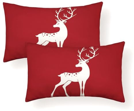 Ohok 2er Set Weihnachten Kissenbezug, Polyester Leinen Doppelseitige Motiv Zierkissenbezüge Modern Dekokissen Kissenhülle Set für Sofa Couch Wohnzimmer Schlafzimmer (Hirsch, 30x50cm)