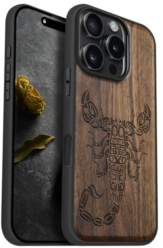 Carveit Holz Cover für iPhone 16 Pro, Nussbaum-Skorpion Stamm | Handyhulle kompatibel MagSafe Massivholz für iPhone 16 Pro Handyhülle Stoßstange Weich TPU Case