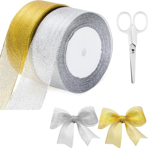 Ruban Satin Et Ruban Porte Noël, 2 Rouleaux De 4 Cm Pour Décorations De Noël, Emballage Cadeaux Et Cartes Diy, Inclus Or Et Argent
