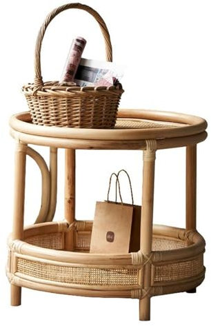 2-Stufiger Rattan-Couchtisch, Moderne Kreative Runde Couchtische Handgefertigter Beistelltisch Aus Gewebtem Rattan, Sofa-Beistelltisch, Nachttisch Mit Ablagefläche, Für Schlafzimmer, Wohnzimmer