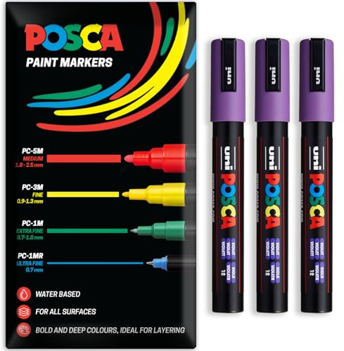 POSCA Permanent-Marker auf Wasserbasis, für verschiedene Oberflächen, PC-5M, Packung mit 3 Stiften in Brieftasche (Violett)