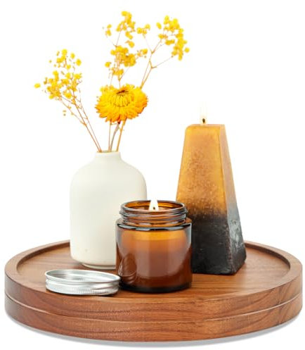 WLWNWFT Holztablett Rund 25 cm 2er Set, Rundes Tablett aus Akazienholz, Serviertablett Dekotablett Dekoteller Tischdeko Servierplatte Holz für Wurst, Käse, Kerzen, Getränke, Kaffee, Deko