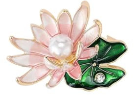 Broche fleur de lotus rose pour femme avec perles et feuilles, Pierre Verre Pierre Émail Verre, Pas de gemme