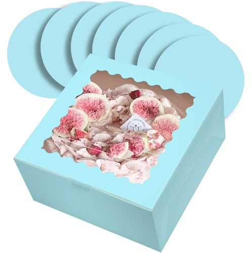 Gcardist 10x10x5 Inch Cake Box, 5 Sets Light Blue Cake Box with Window & 5 Sets 10 Inch Light Blue Cake Round Boards, Cake Containers(25.4x25.4x13cm)