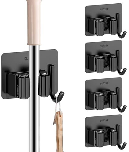 Hizypaixin Mop Broom Holder Wall Mount Self Adhesive, Broom and Mop Organizer Wall Hanging with Hooks, Magnetic Command No-Drill Broom Holder 4 Pack for Bathroom, Kitchen, Office, Black