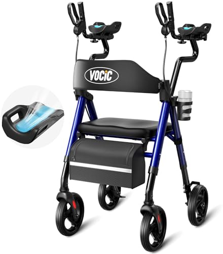 VOCIC Z22 Rollator Faltbar und Leicht mit Sitz, GelSoft-Rollator mit Unterarmstützen & verstellbaren Armlehnen, Rollatoren für Senioren mit Bequemem Sitz, bis136 kg, Becher- & Stockhalter Integriert