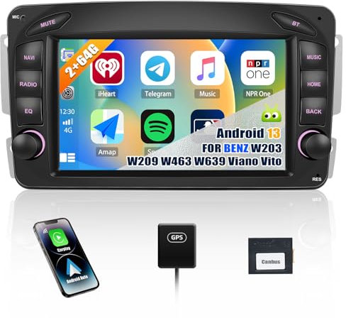 2GB+64GB CAMECHO Android 13 Autoradio mit Navi für Mercedes Benz C CLK G Klasse W203 W209 W463 Viano Vito W639,Doppel Din Radio mit 7 Zoll Bildschirm Mirror Link RDS/FM Bluetooth+DSP
