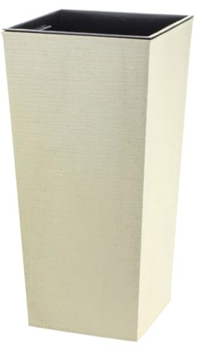 Engelland - Pflanzkübel, Blumentopf aus recyceltem Kunststoff & Holz, Vanille-Beige, Rillenoptik, 57,5 cm, nachhaltig, wetterfest, Blumenkübel für Garten, Balkon, Terrasse, Innen- und Außenbereich