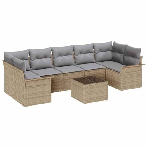 vidaXL 8-teiliges Gartensofa-Set mit Kissen in Beige – modernes Poly-Rattan-Außenmöbel für die Terrasse, loungefähiges modulares Deck-Arrangement