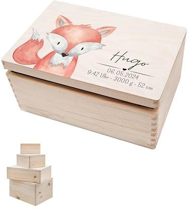 wunderwunsch - Personalisierte Erinnerungskiste Baby mit Spezial-Druck - Baby Erinnerungsbox - Erinnerungskisten aus Holz - Geschenk zur Geburt (Fuchs, M flach-Klappdeckel)