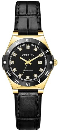 VXFAIZY Elegante Damenuhr mit Kristall Indexzeichen und echten Lederband Kalenderfunktion für Damen