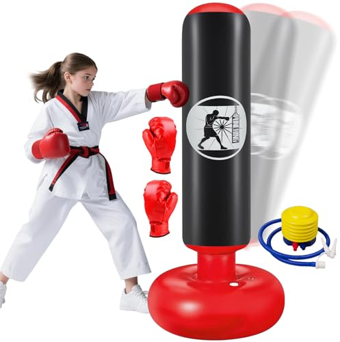 Qoosea Saco de Boxeo Niños 6-12 Años, 160cm Saco de Boxeo de Pie con Bomba de Aire y Guantes de Boxeo, Bolsa de Boxeo Inflable Estable para Karate, Kickboxing, MMA, Regalo Ideal para Niños y Niñas