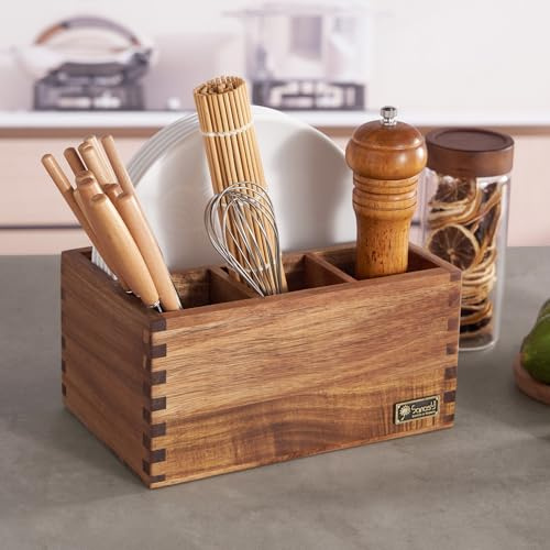Acacia Wood Utensil Holder, Paper Plate Dispenser Organizer for Countertop - 4 Compartment Silverware Caddy for Friendsgiving Party - Cutlery Holder for Cup, Fork, Spoon, Kitchen, Camping, Buffet