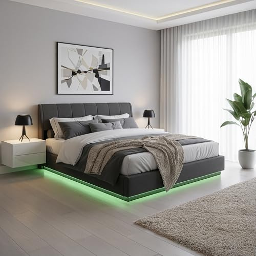 [en.casa] Polsterbett 180x200 cm Tröstiar mit LED-Beleuchtung Doppelbett mit Kopfteil und Stauraum Bettkasten Lattenrost Leinen Schwarz