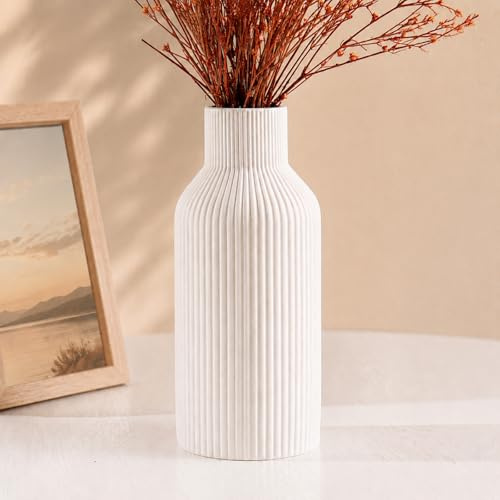 YOMKILU Keramik Vase 20cm Hoch, Pampasgras Kleine Vase für Dekoration, Esstisch, Bücherregal Dekoration, Kaminsims, Eingangsdekoration und Tafelaufsätze, Einfach Modern, Böhmischer Stil, Weiß