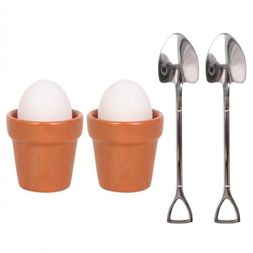 Mini Plant Pot Egg Cups – Pair with Matching Shovel Spoons – Dishwasher Safe Kitchen Set – Unique Breakfast Table Accessory