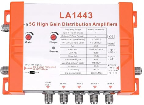 LICAEVEY Amplificador de Antena de 4 Canales con Filtro 5G LTE, Modulador de Distribución de Alta Ganancia de 45 DB Compatible con Cascada de Bucle IRS y Alimentación Remota para una (Enchufe de la