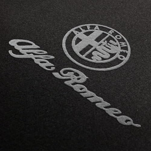 Auto Fußmatten Schwarz Velours Logo&Schrift + Rand Silbergrau passend für Alfa Romeo 159 + Kombi – 4-teiliges Set