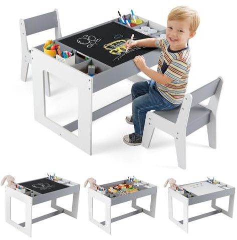 FANTASK 3-in-1 Kindertisch mit 2 Stühlen, Kindersitzgruppe mit Stauraum, Wendbare Tischplatte & Abnehmbare Trennwände, Basteltisch Maltisch Spieltisch für Kinder ab 3 Jahren (Grau)