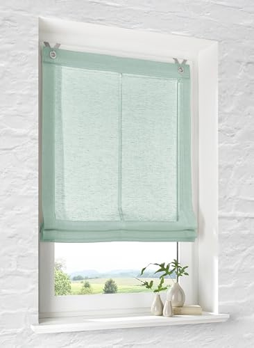 Raffrollo mit Ösen Brondy grün halbtransparent Leinenoptik Raffgardine mit Hakenaufhängung ohne Bohren Breite 100 cm x Höhe 140 cm