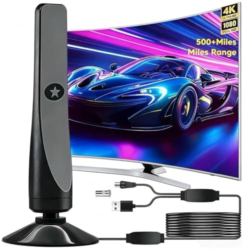 Indoor TV Aerial for Weak Signal Areas UK, 500+ Miles Digital TV Aerial with Booster, 360° TV Antenna Indoor, Compatible with Smart TVs, 4K 1080P Free Channels,(Medium)