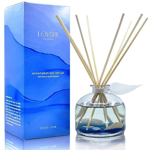 LOVSPA Schilfrohr-Diffusor-Set, Escape Beach Getaway Duftöl-Diffusor mit Stäbchen, Heimduftzubehör für Badezimmer-Regal-Dekor, Aroma-Diffusoren für Zuhause oder Büro, hergestellt in den USA