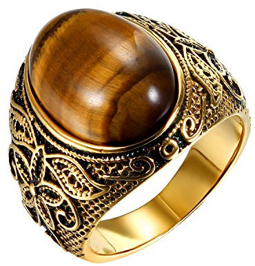 JewelryWe Schmuck Herren-Ring, Tiger-Auge Edelstahl, Retro Klasische geschnitzt Blumen Muster Ring Band, Gold - Größe 67