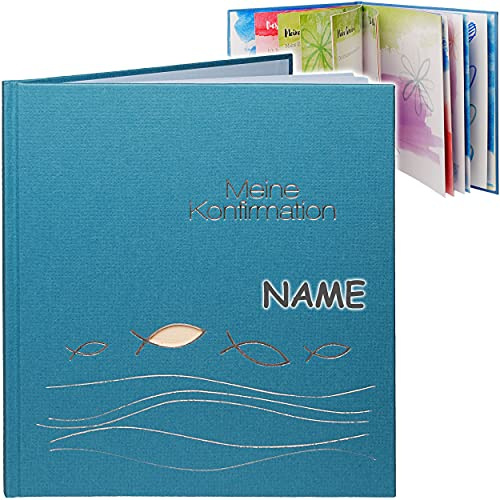Konfirmationsalbum/Eintragalbum & Erinnerungsalbum/Fotoalbum Meine Konfirmation inkl. Name - Ichthys - blau beige - Buch Gebunden - Tagebuch Eintragbu..