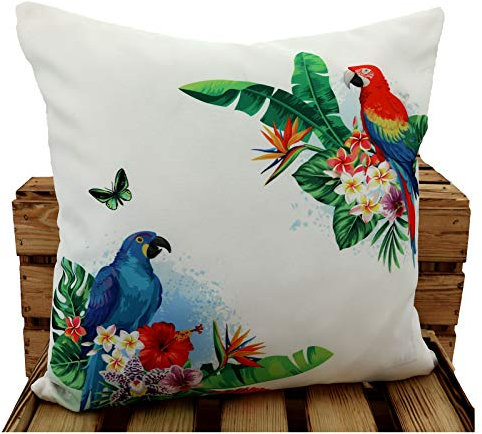 heimtexland ® Outdoor Kissen Lotus Effekt Deko Gartenkissen Wassabweisend Palmblätter Papagei Kissenhülle 40x40 Typ640