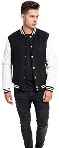 Urban Classics Herren Jacke Oldschool College Jacket, stylische Männer Collegejacke mit Kunstlederärmeln, Blk/wht, XS