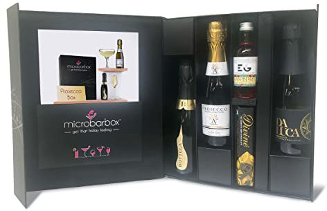 MicroBarBox Prosecco Gift Set in a Premium Luxury Gift Box | Prosecco Gifts for Women | including Galanti Prosecco, Bottega Prosecco, Da Luca Prosecco & Edinburgh Raspberry Gin with Divine Chocolate